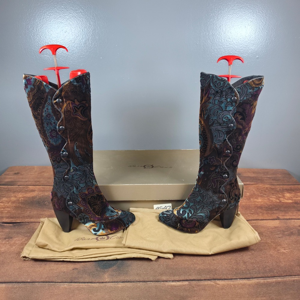 Born Crown Giselle Boots Womens 8 Brown Good Paisley Velvet Tall Heeled W62525